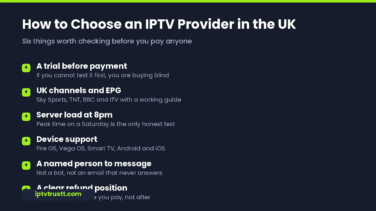 IPTV provider UK checklist: trial, UK channels, peak-time servers, device support, real support and refund terms